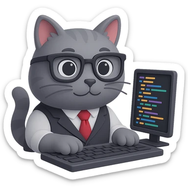 Change the cat to a gray cat, keep the IT theme, wearing glasses, coding on a computer, playful style, no background (transparent). sticker