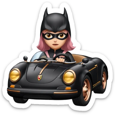 BatGirl driving her satin-black and rose gold 56 Porsche spider too fast in the country despite the rainy conditions making the tires slippery sliding sideways  sticker