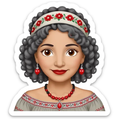 Latina woman, about 55 years old, slightly darker warm brown skin, round soft face, curly black and gray hair, red and white headband, medium eyes, thin eyebrows, gentle smile, gray peasant blouse with embroidery, bare shoulders, large dark necklace sticker