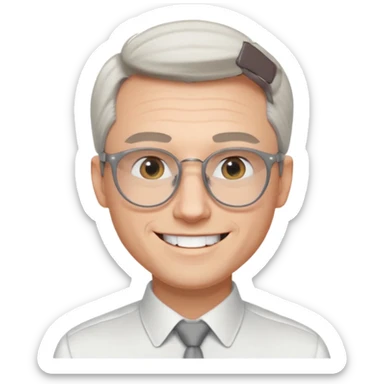 30 yr old pale white man, white/grey side swept stylish hair, round glasses, big smile, white teeth, handsome, longer hair, thin glasses, white dress shirt, smooth forehead, botox, no tie, open collar sticker