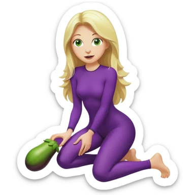 Naked woman tits out long blonde hair green eyes full body skinny legs no clothing kneeling eggplant in mouth sticker