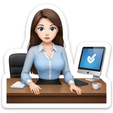 sexy woman brunette, very large breasts, pale skin, blue eyes, long brown hair, tight white blouse, short black skirt. at desk sticker