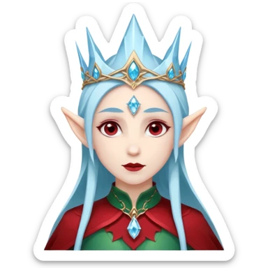 Fantasy elf portrait emoji, icy blue crystal crown with deep red accents, elegant elven features, cold noble winter expression, ice and crimson color palette, minimal clean design, flat readable emoji style, male/female variant sticker