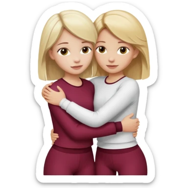 two girls who hug eachother. one has medium blonde hair with blonde highlights and very pale skin , other has medium skintone and blush and blonde hair. girl with medium blonde hair is wearing a white outfit and girl with blonde hair is wearing a burgundy outfit sticker