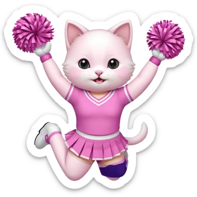 A cute chubby white kitten cheerleader in pastel uniform jumping in cheer pose. sticker