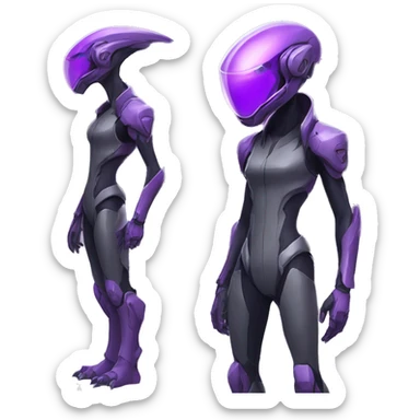 A purple Reptile-Raptor-Alien-Genesect-Mewtwo-Fakémon, with a futuristic visor-helmet, wearing a techwear-suit, Full Body sticker