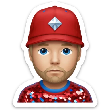 Fred Durst with dark blonde hair, red sequin shirt and hat, blue eye sticker