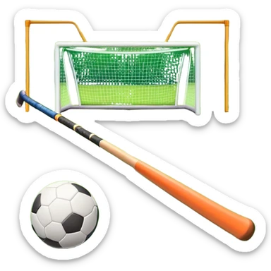 A field hockey stick and ball on a vibrant green grass field, with goalposts and clear field markings in the background. The scene emphasizes the bright, lush grass, highlighting the fast-paced and strategic nature of hockey on a well-maintained pitch. sticker