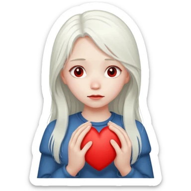 A girl with long white hair is sad and holds a red heart in her hands sticker