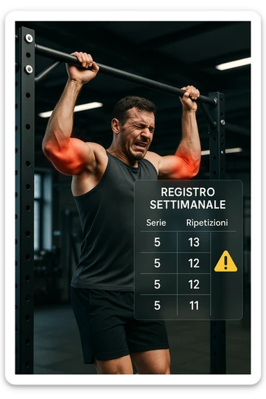 a man in gym attire performs pull-ups on a bar, with his elbows highlighted in bright red to indicate inflammation. A digital overlay shows a weekly training log with high numbers of sets and reps, and a warning icon appears next to the log. The man’s face shows pain and fatigue. The background is a modern gym, emphasizing the link between excessive training volume and injury. scritto in italiano sticker