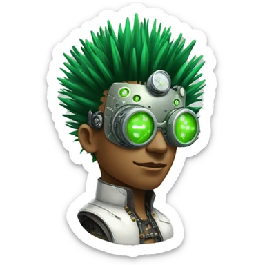Green Mohawk hair male cyborg head with white steampunk goggles and circuits sticker