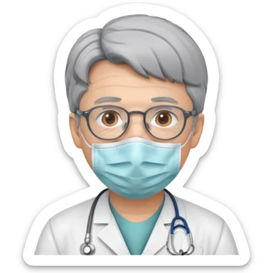 This is a cartoon-style avatar of a doctor with gray hair, wearing a face mask sticker