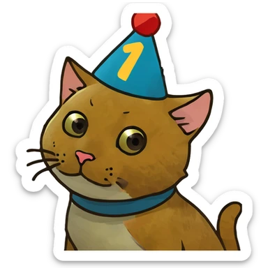 ginger tabby kitten celebrating birthday, wearing a birthday hat, with birthday cake, balloons, happy expression, and gifts sticker