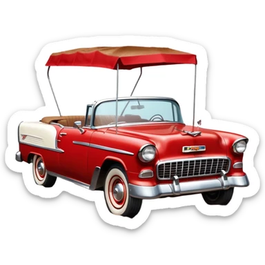 1955 Chevrolet Bel Air Convertible, Red-White color, with a bucket of brown mud pouring down on it, and the car itself is covered in brown dirt on the sides, which is stuck and clearly visible from all sides of the body. 32x32 pixels, aspect ratio: 1:1 sticker