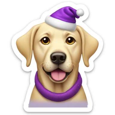 Yellow lab dog wearing purple Christmas ate sticker