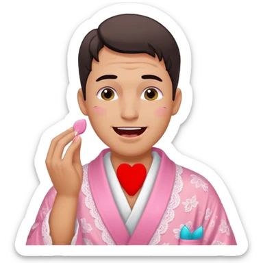 male getting sissified in lingerie by his smug wife. the wife is crying with laughter. she is doing the males makeup sticker