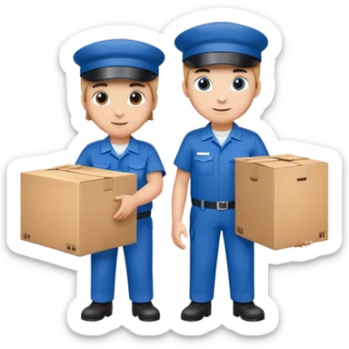 two workers in blue uniforms and caps holding a large box together sticker