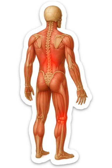 corpo umano anatomico con mal di schiena e al ginocchio, iperrealiùstico 4k sticker