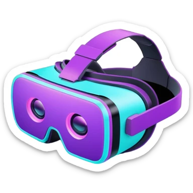 Futuristic glowing neon VR headset, purple and cyan light, dark background, digital tech style sticker