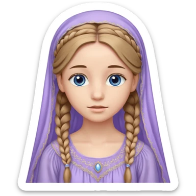 Joven de unos 20 años, de aspecto dulce y elegante.
Piel clara, ojos (pueden ser azules o verdes)
Rubio o castaño claro, largo, con trenzas o velo.
Vestido largo de tonos suaves (blanco, azul o lavanda), con bordados dorados; un manto o toca fina cubriendo la cabeza. se vea todo el cuerpo sticker