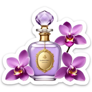 Create a delicate vintage French-style perfume bottle in an orchid hue, adorned with intricate gold detailing and an elegant glass stopper. Surround it with lush lilac flowers, along with soft lavender sprigs and petals scattered around for a dreamy, romantic atmosphere. The background should have a subtle antique texture, evoking the charm of a Parisian boudoir. The lighting should be soft and diffused, enhancing the luxurious and nostalgic feel sticker