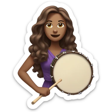 White woman standing with long flowing purple dress and long wavy brown hair holding a small handheld frame drum and a drum stick sticker