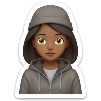 Hobo tomboy with shoulder-length center-parted dark brown hair. brown eyes, dark dull brown hoodie, grey shirt. Flat crown bolero hat sticker