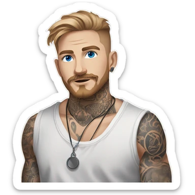 Man with Light brown hair, neck tattoos, arm tattoos, mustache and beard, blue eyes, silver nose piercing hoop, black anime graphic tee sticker