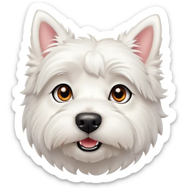 Cinematic Cute West Highland White Terrier Portrait Emoji, Head tilted playfully and inquisitively, featuring a fluffy, immaculate white coat with perky ears, round, sparkling dark eyes filled with curiosity, Simplified yet irresistibly adorable features, highly detailed, glowing with a warm, friendly glow, high shine, affectionate and lively, stylized with a touch of whimsy, bright and endearing, soft glowing outline, capturing the essence of a mischievous yet loving pup, so playful it feels like it could bound out of the screen and into your arms! sticker