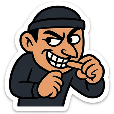 flat toon style sneaky character biting a finger, cartoonish and bold sticker