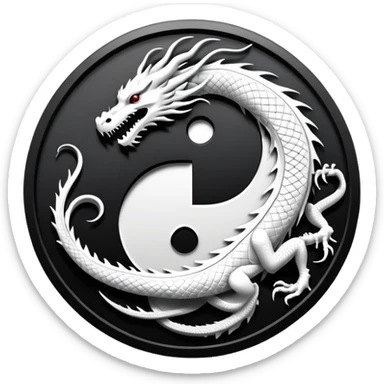 An icon symbolizing Eastern martial arts in the style of an emblem, featuring a black-and-white Yin-Yang symbol and a dragon at the center, surrounded by elements like a dojo. Transparent background highlights balance and power. sticker