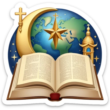 An icon featuring religious symbols like a cross, crescent moon, and star, alongside an open book, symbolizing the study of religion. The design includes a globe and a temple in the background, representing global faith traditions and spiritual exploration. Transparent background sticker