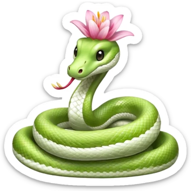 A cute, friendly, fluffy, light green and white snake
with a pink lily flower on its head
(no sting) sticker