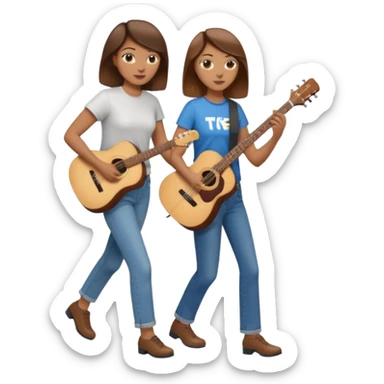 based on emoji style, like this "💁🏻‍♀️" "💁🏽‍♂️" "💁🏻", two people walking together, one is brown-haired woman, wearing business casual, holding a guitar; another one is a non-binary person, wearing t shirt and jeans. they are walking together. sticker