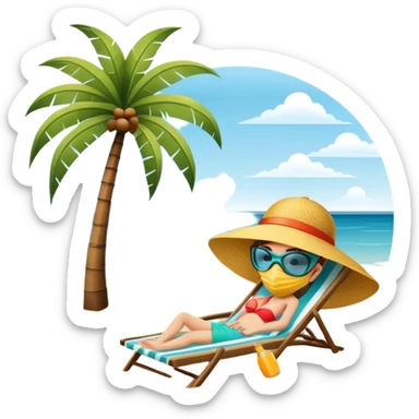 frameless Icon for Beach Tourism: a serene beach scene with palm trees, a sun hat, a mask with tube, and the ocean in the background. The icon should capture the relaxing atmosphere of a beach vacation. Transparent background. sticker