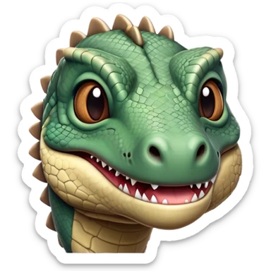 Cinematic Realistic Cute Komodo Dragon Portrait Emoji, Head tilted playfully and inquisitively, featuring a compact, robust build with finely detailed, textured scales in natural earthy hues and a characteristically alert face with bright, curious eyes, rendered with lifelike clarity, high shine, affectionate and surprisingly endearing, styled with a touch of wild charm, soft glowing outline, capturing the essence of a mischievous yet lovable Komodo dragon that seems poised to inch its way out of the screen into your arms! sticker