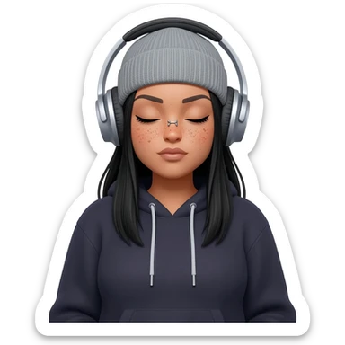 White curvy female with freckles, long straight black hair wearing a beanie and hoodie and nose piercings listening to music sticker