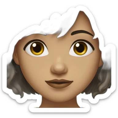 Young woman with light skin, long brown hair with bangs, dark green eyes, golden earrings sticker