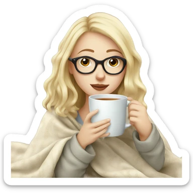 pale blonde girl wearing glasses drinking tea under blanket sticker