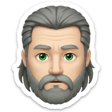 Greenish grey eyed adult man with sad eyes, poor short dark grey hair and a very long viking beard hanging. Pale skin. He's serious and looks tired. Make sure his hair and beard are both dark grey. sticker