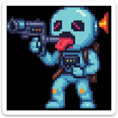 Make it pixel art style: Edit the emoji so it is putting the sci-fi blaster toward its tongue, keeping the pixel art style. sticker