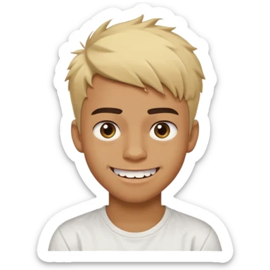 Short buzz, messy blonde hair. Dark brown bushy eyebrows large expressive golden-brown eyes, wearing a plain white t-shirt. Crooked grin showing imperfect teeth, one side raised higher than the other, grin with asymmetrical smile. Male Teenager. Brown skin color.  sticker