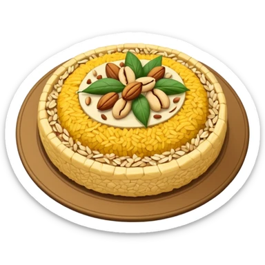 "Emoji of a Jordanian Mansaf dish — round platter with golden rice, lamb pieces, nuts on top, simple cute cartoon style, clean lines, white or transparent background." sticker