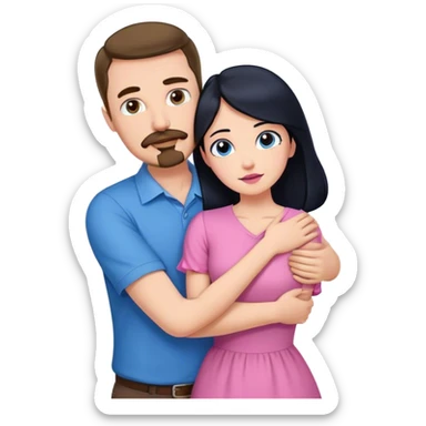 Tall white man with brown mustache goatee wearing blue hugging a short pale woman with long black hair wearing pink sticker