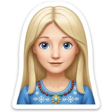 50 yr old white woman, hippie parted very long hair, short bangs, very long straight blond hair, oval face, small smile, blue eyes, thin face, hair downback, hair parted at center of head, round cheeks, pale, longer hair, white christmas dress sticker