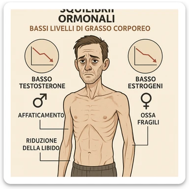 Uomo con squilibri ormonali a causa dei grassi bassi nel corpo e ha testosterone ed estrogeni bassi, in italiano sticker