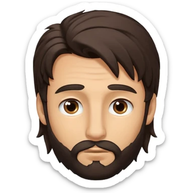 Handsome white man with big brown eyes long nose and dark brown messy hair cover his forhead and hair coming in eyes very small beard sticker