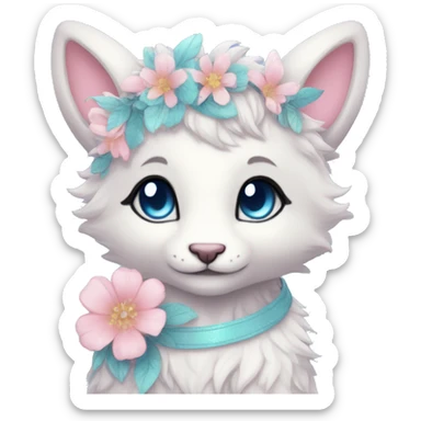 Anthro Cute Cool Pastel Kawaii gorgeous sparkly ethereal fantasy animal creature with blue eyes furry sona with flowers and ribbons beautiful aesthetic sticker