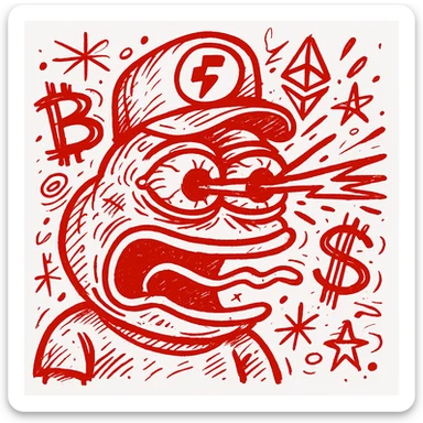Add the provided Fogo.io logo on a hat worn by chaotic Red Pepe the Frog with laser eyes, surrounded by crypto symbols. Cartoonish, bold, meme-inspired, red color palette, slightly chaotic style for Discord sticker. sticker