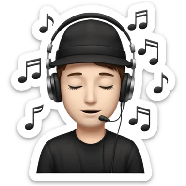 dj man white with baseball cap - rayban glasses - brown hair - closed eyes with headphones on with musical note over head (listening to music ) - eyes closed no glasses - black hat  musical notes floating around head - NO GLASSES sticker